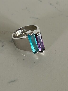 R.S. Covenant Blue & Purple Gemstones Rhodium-Plated Wide Band Ring Size 9.5